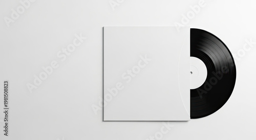 White record sleeve mockup with black vinyl record peeking out minimalist design smooth surface and soft shadows for album artwork display