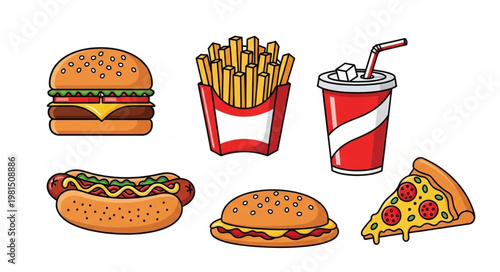 Fast food meal collection with burger hot dog pizza and soda.