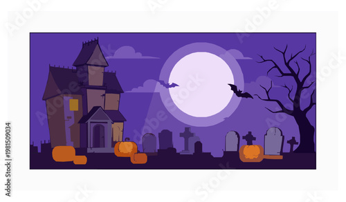 Spooky Halloween graveyard haunted house bats moon vector illustration