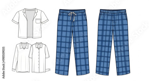Pajama Set Illustration Flat Sketch Fashion Design.