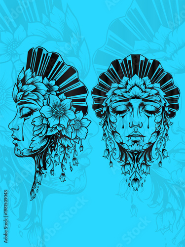 Elegant Botanical Goddesses: Stylized Vector Illustration of Two Floral Women with Tears