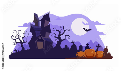 Halloween haunted house graveyard purple spooky vector background