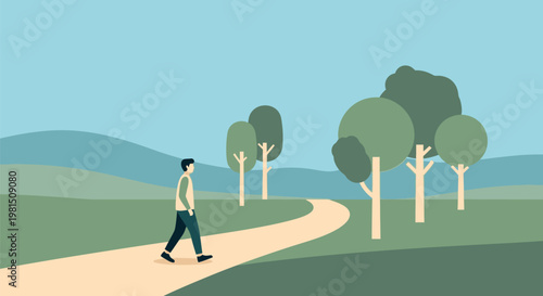 Man walking on a path in a serene landscape.