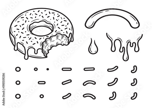 Bitten glazed donut vector illustration with sprinkles and melting sugar icing drip element set diy.