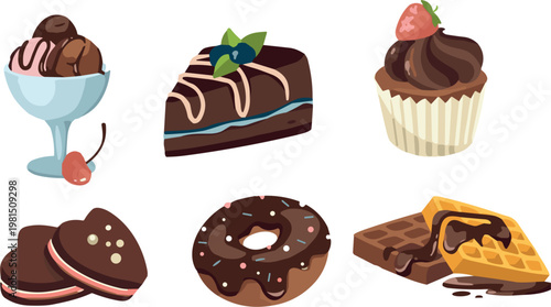 Chocolate desserts collection set, cake cupcake donut waffle ice cream, sweet food vector illustration