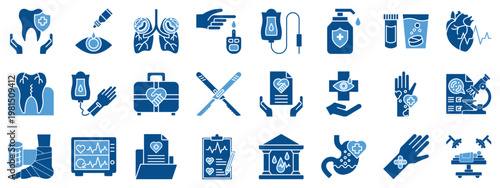 Medical Services Icon Set. Duotone Color Icons Including Dental Care, Eye Drops, Lungs, Blood Test, IV Drip, Hand Sanitizer, Medicine Bottle, Heart, Medical Kit, Lab Analysis, Injury, Laboratory