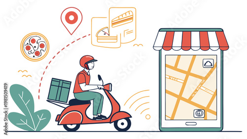 Food Delivery Service Illustration with Courier and Mobile App Vector