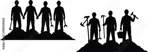 Construction worker silhouette set, industrial labor team icons, builder crew with tools