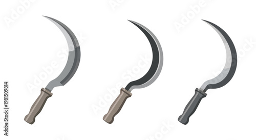 Three Sickles With Wooden Handles Isolated on White Background