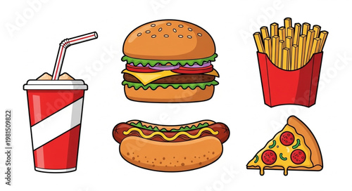 Fast Food Meal Collection Burger Hot Dog Pizza Fries Drink.