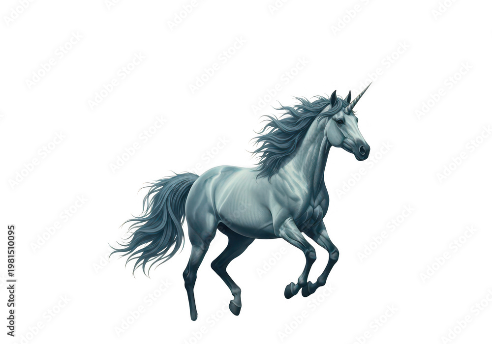 Obraz premium Majestic silver unicorn galloping, mythical white horse with flowing mane and tail, ethereal fantasy creature illustration isolated on Transparent background