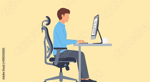 Man working on computer with good posture.