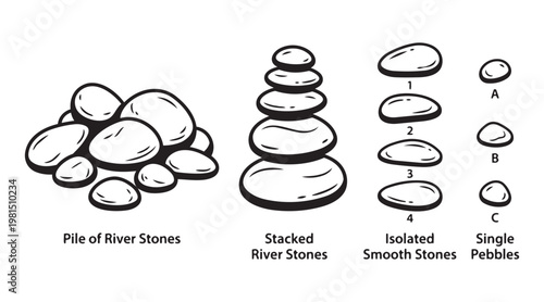 Collection of river stones in different arrangements vector illustration.