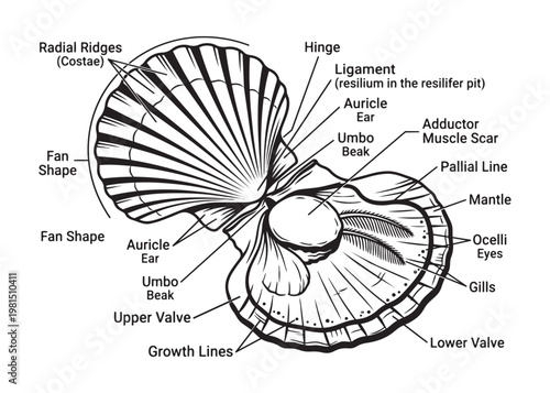 Scallop shell detailed anatomy illustration vector parts labeled on transparent background.