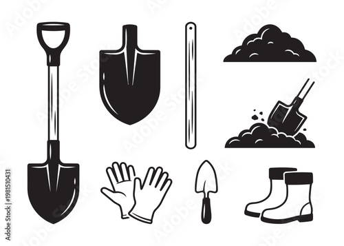 Gardening equipment set with shovel spade gloves and rubber boots vector illustration gardening art.