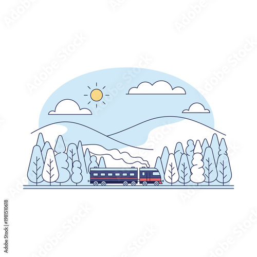Modern Passenger Train Traveling Through Snowy Forest Landscape.
