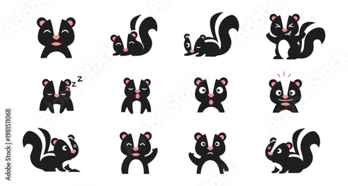 Cartoon skunk set black fur expressions isolated