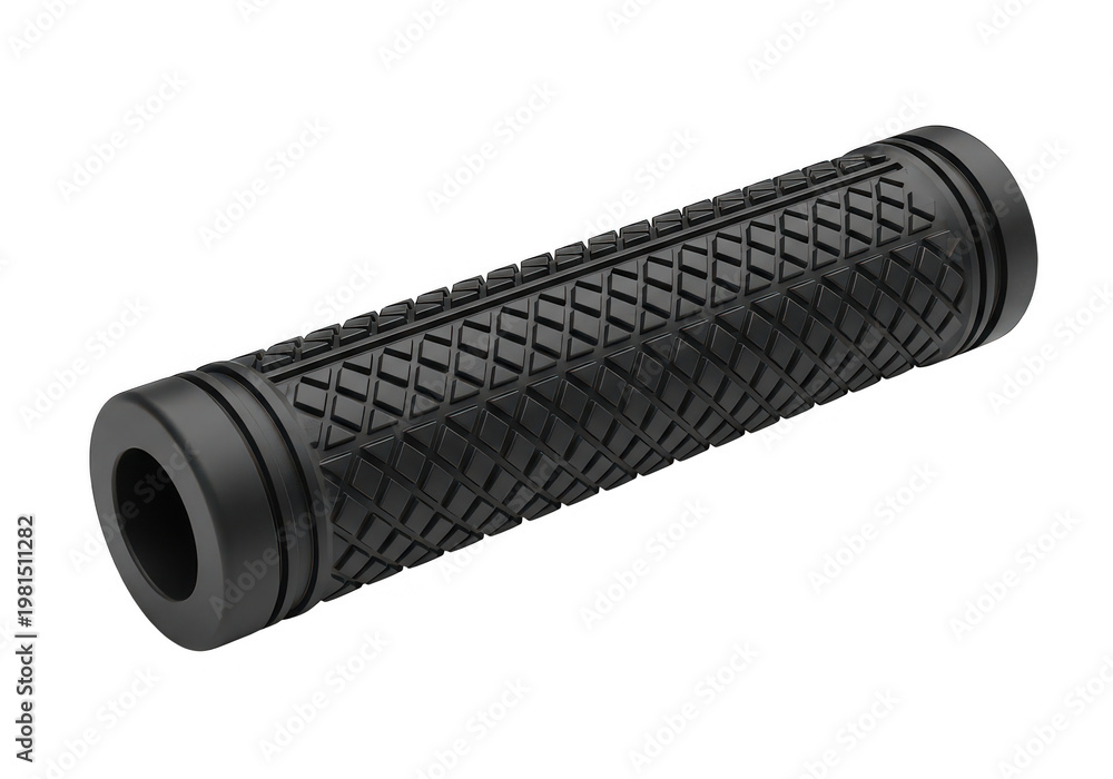 Fototapeta premium Black rubber bicycle handle grip with diamond texture, ergonomic mountain bike handlebar sleeve, textured cycling equipment component on Transparent background