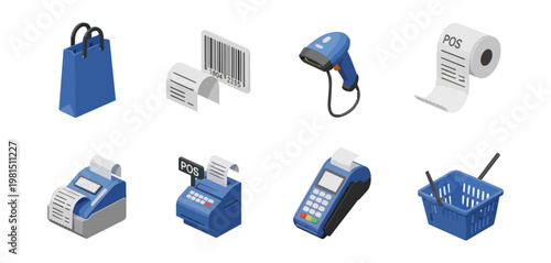 Isometric shopping icons set on black background