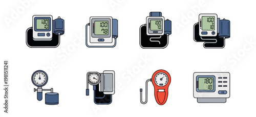 Medical devices collection digital blood pressure monitors illustrations