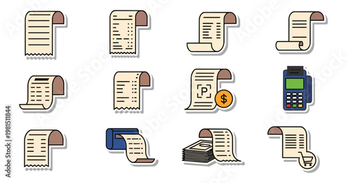 Set of various receipt illustrations on dark background