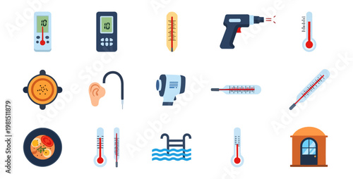 Set of various thermometers and associated icons against a black background