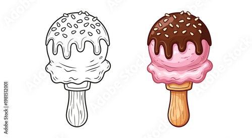 Pink ice cream popsicle with chocolate drizzle and sprinkles, isolated on white background