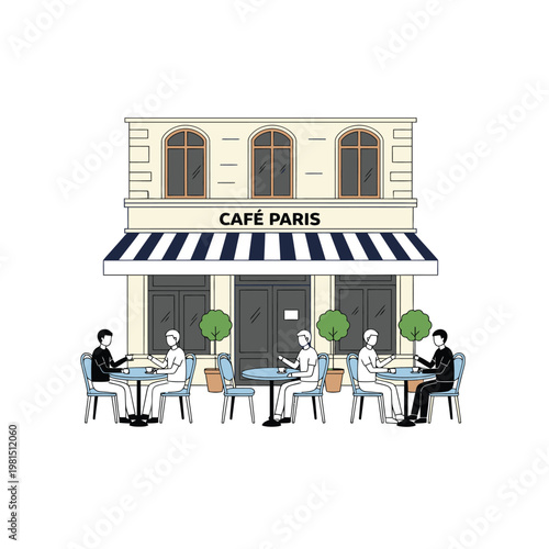People enjoying coffee at a Parisian cafe outdoor seating.