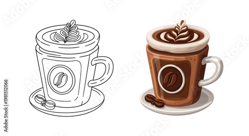 Coffee Cup Coloring Page and Finished Illustration with Coffee Beans