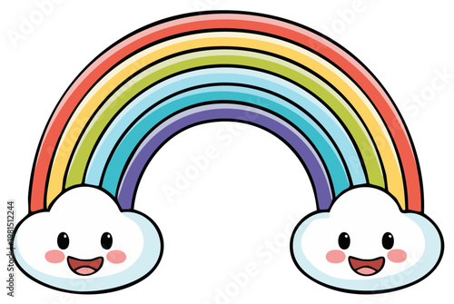 Vibrant cartoon rainbow arching over happy smiling clouds with rosy cheeks