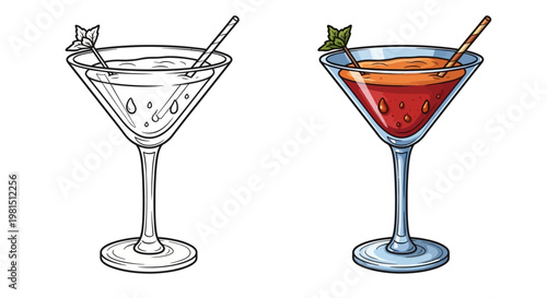 Cocktail Glass with Drink and Garnish - Line Art and Color Version