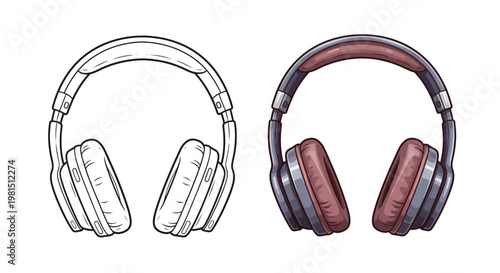 Headphones: Line Art Sketch vs. Realistic Color Illustration