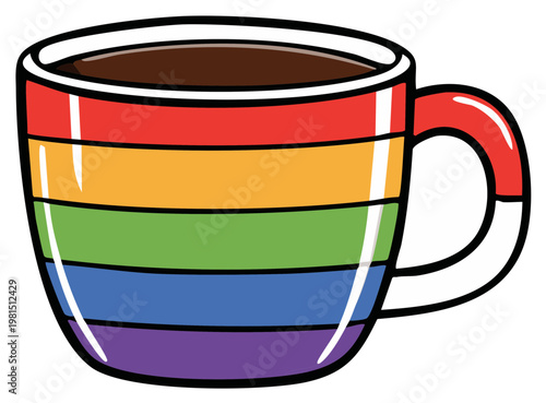 Stylized Rainbow Striped Coffee Mug with Dark Brewed Drink Fresh Start Morning
