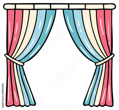 Striped pastel curtains drawn back by decorative tiebacks against a white background