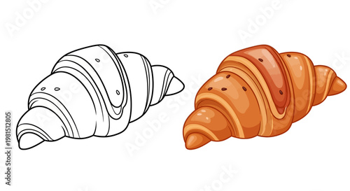 Croissant outline and colored illustration, French pastry, breakfast food, bakery item