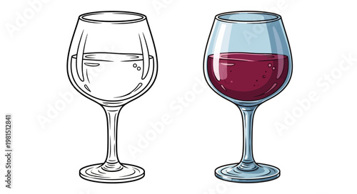 Two Wine Glasses: One Empty Sketch, One Full Red Wine, Contrast