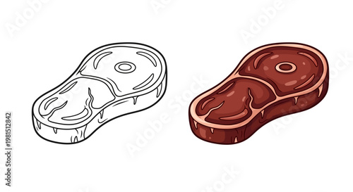 Raw Beef Steak Outline and Colored Version