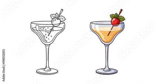 Cocktail glass with drink and garnish, line art and colored version