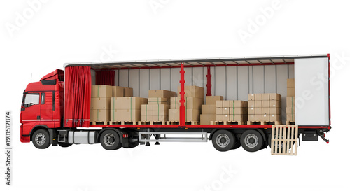 Red semi truck with cardboard boxes in trailer isolated on white background transparent background