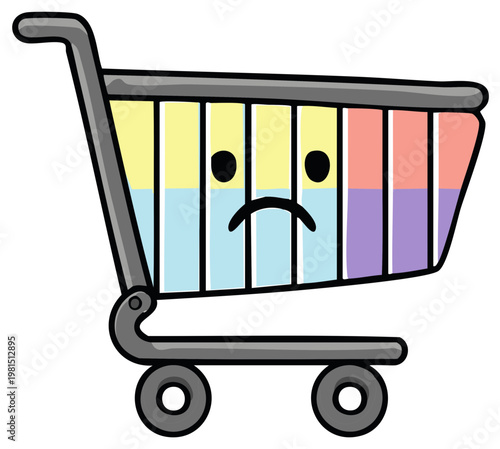 Sad shopping cart cartoon illustration with rainbow colored stripes.