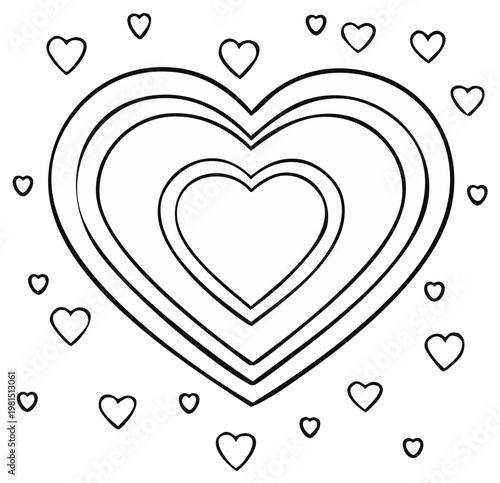 Heart coloring page illustration with layered nested shapes of love scattered around for valentine's day art activity for kids