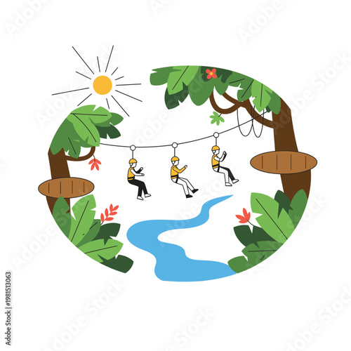 People ziplining through a lush jungle canopy.