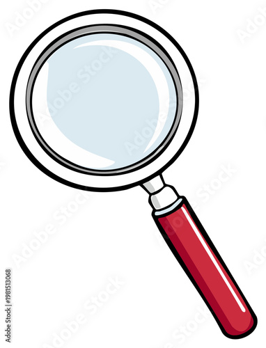 Isolated cartoon drawing of a magnifying glass with red handle on a white background.