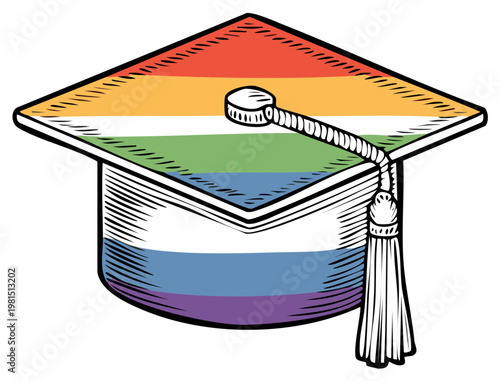 Graduation Cap Topped with Rainbow Stripes Representing Education and Equality