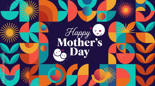 Happy Mother's Day Greeting Card with Abstract Geometric Bauhaus Style Patterns and Motherhood Icons