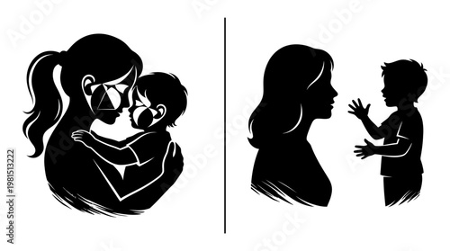 Mother and Child Silhouette Set with Autism Awareness Puzzle Pattern and Parenting Growth Concept