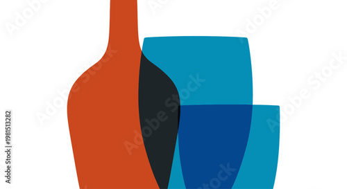 Abstract Red Bottle and Blue Glass with Liquid, Minimalist Design, Isolated on White