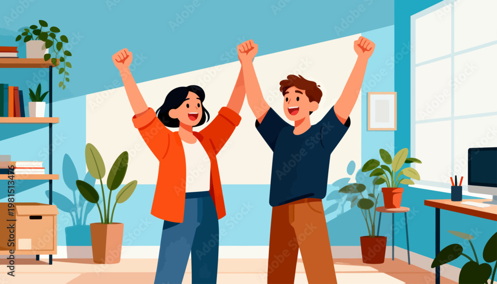 Fototapeta premium Two joyful people celebrate with raised fists. They stand in a bright, cozy office space. Plants and shelves add warmth to the room. Their smiles suggest excitement and shared success