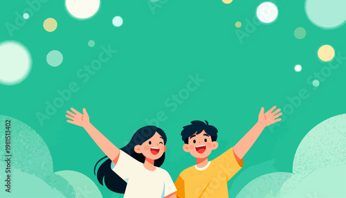 Two joyful figures raise arms against a soft green sky. Bubbles float gently above them in warm, glowing hues. Their smiles reflect pure delight and shared excitement