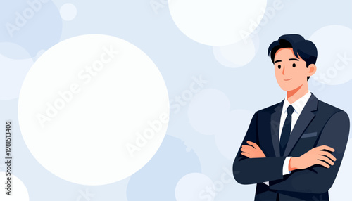 Confident man stands with crossed arms, smiling warmly. Soft bokeh circles frame his professional pose. Calm and assured, he projects trust and competence. Ideal for business, leadership